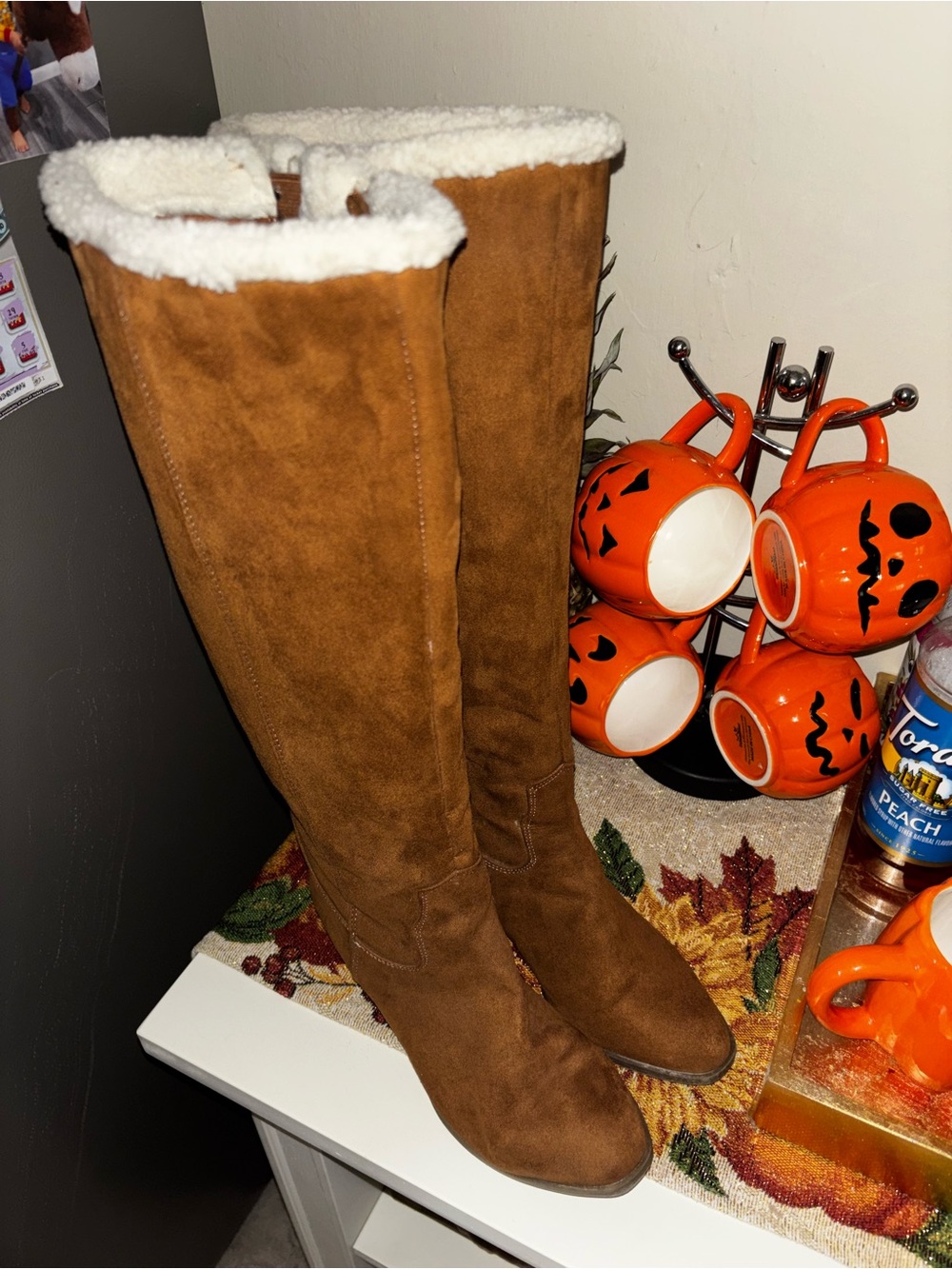 Over-the-Knee Faux Suede Boots with Faux-Shearling Cuff in Chestnut